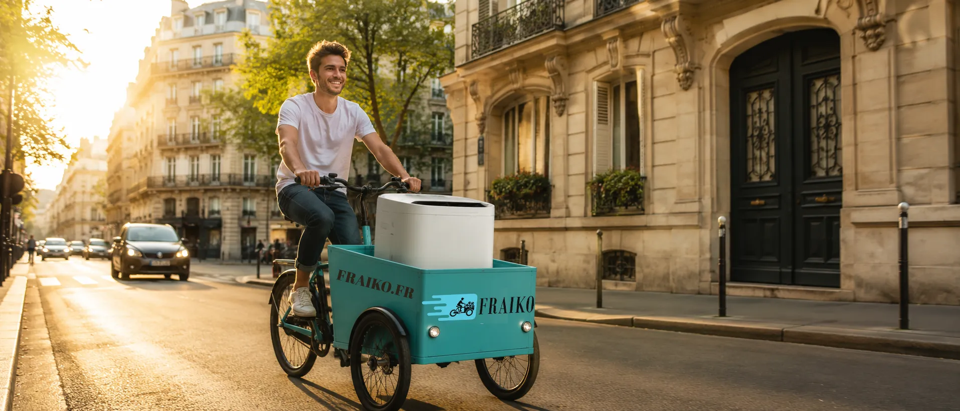 Livreur Fraiko livrant un climatiseur mobile a velo-cargo dans une rue de Paris