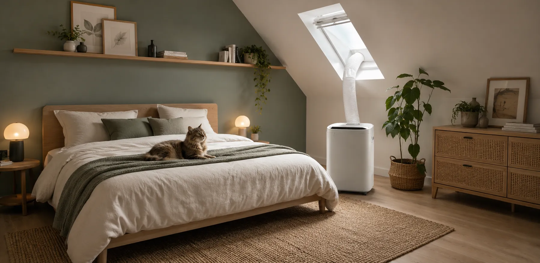 Climatiseur mobile Fraiko dans une chambre avec un chat, pour des nuits fraiches a Paris