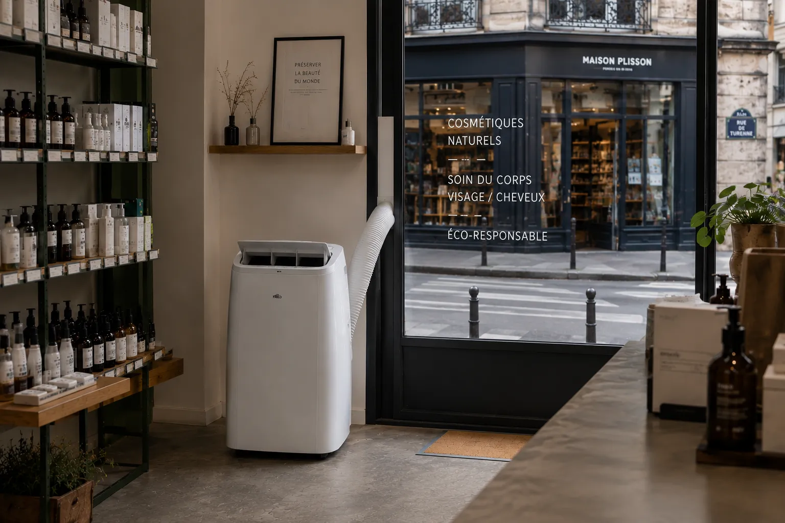 Climatiseur mobile Fraiko dans une boutique de cosmétiques à Paris (Marais)
