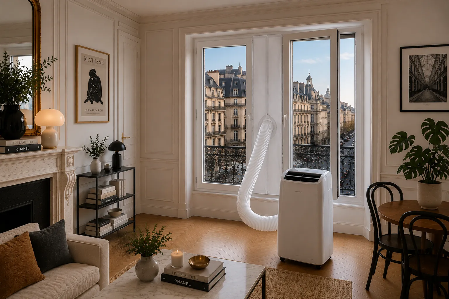 Climatiseur mobile Fraiko dans un appartement du 2e arrondissement, près de la rue Montorgueil, Paris