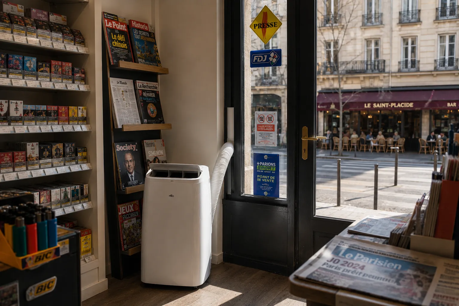 Climatiseur mobile Fraiko dans un bureau de tabac-presse à Paris 6e