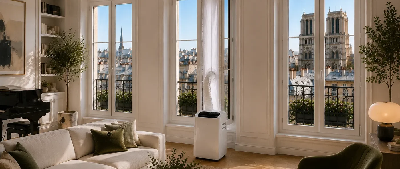 Climatiseur mobile Fraiko dans un salon parisien avec vue sur Notre-Dame et kit de calfeutrage a la fenetre